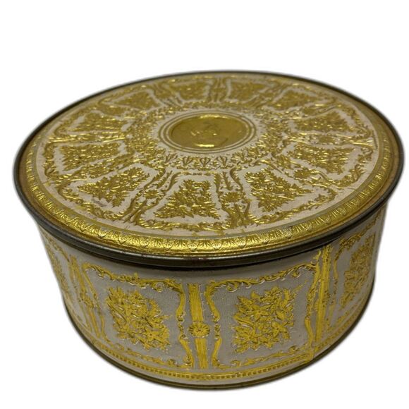 Vintage Guildcraft Large 10" Cookie Biscuit Tin Container Embossed Flower Gold - Picture 1 of 14